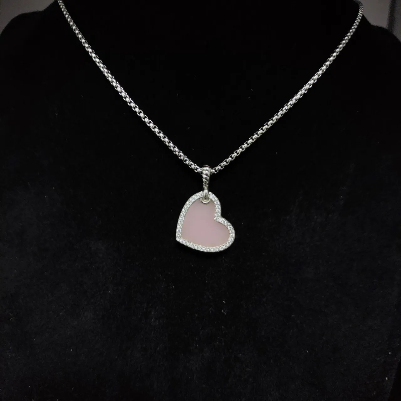 Pink Silver Heart-Shaped Pendant Pave-Set Stones Necklace 6