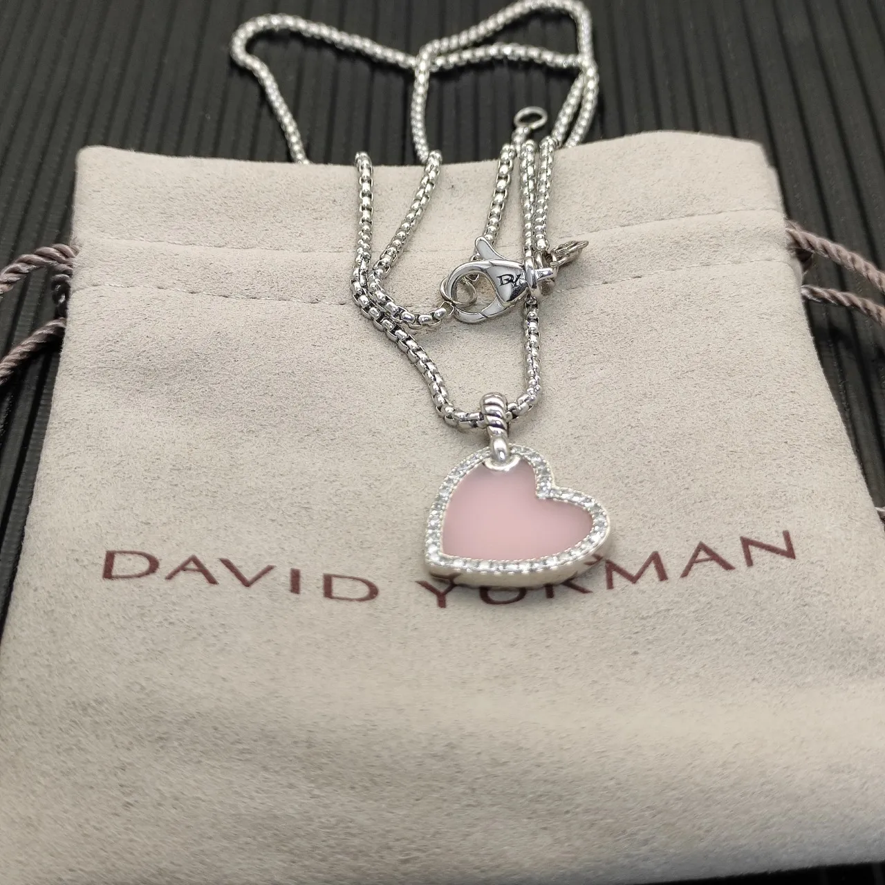 Pink Silver Heart-Shaped Pendant Pave-Set Stones Necklace 7
