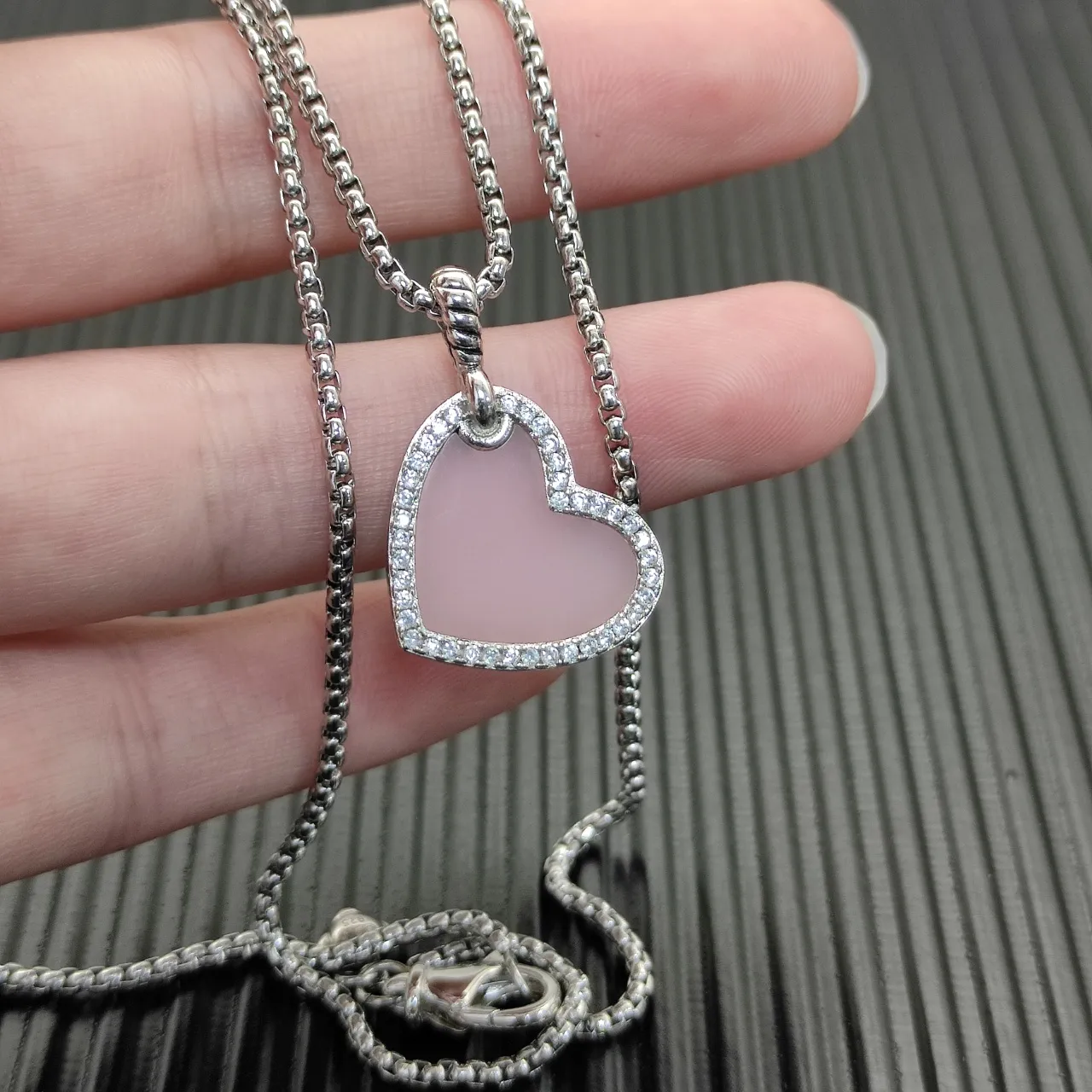 Pink Silver Heart-Shaped Pendant Pave-Set Stones Necklace 8