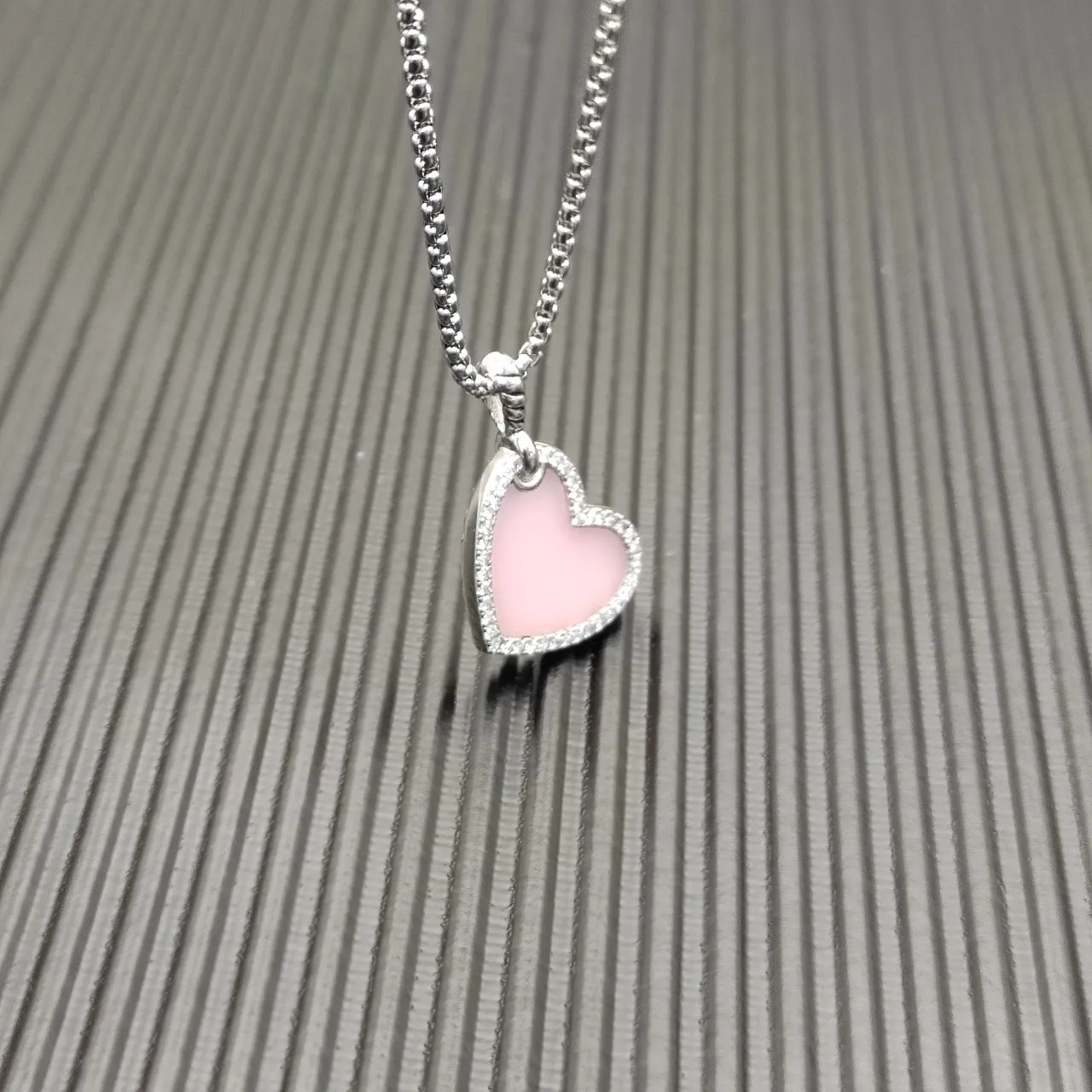Pink Silver Heart-Shaped Pendant Pave-Set Stones Necklace 9