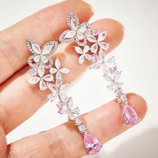 Pink Transparent Floral Motif Dangling Cascade Design Earrings