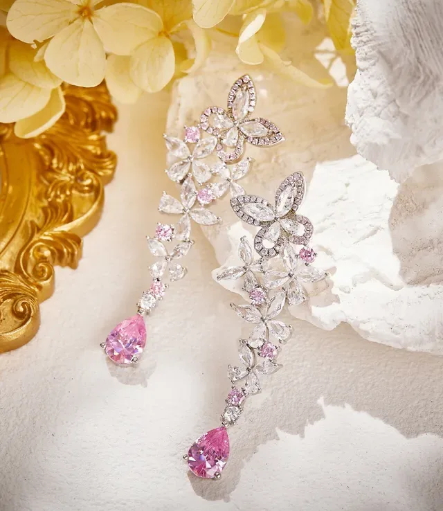 Pink Transparent Floral Motif Dangling Cascade Design Earrings 4