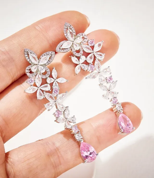 Pink Transparent Floral Motif Dangling Cascade Design Earrings 5