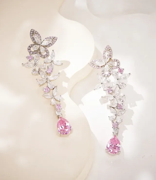 Pink Transparent Floral Motif Dangling Cascade Design Earrings 6