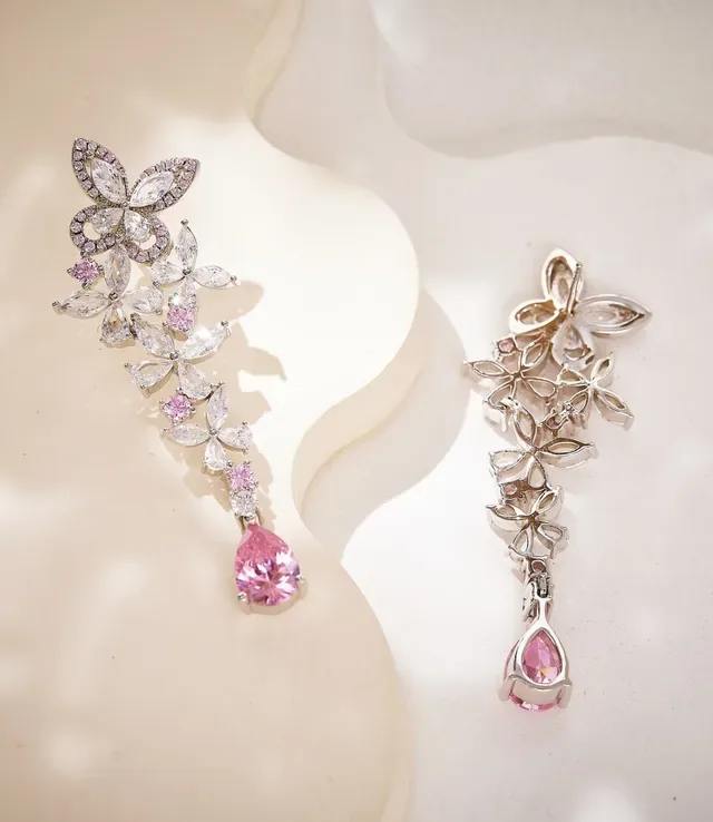 Pink Transparent Floral Motif Dangling Cascade Design Earrings 7