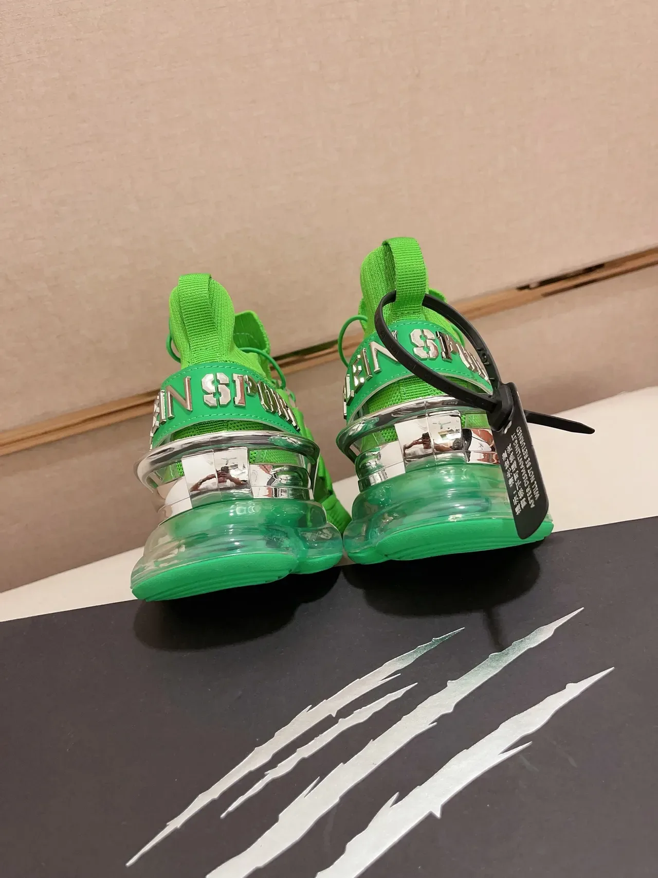 PLEIN SPORT Green Transparent Knit Sock-Fit Upper Sculpted Wavy Midsole Sneakers 3