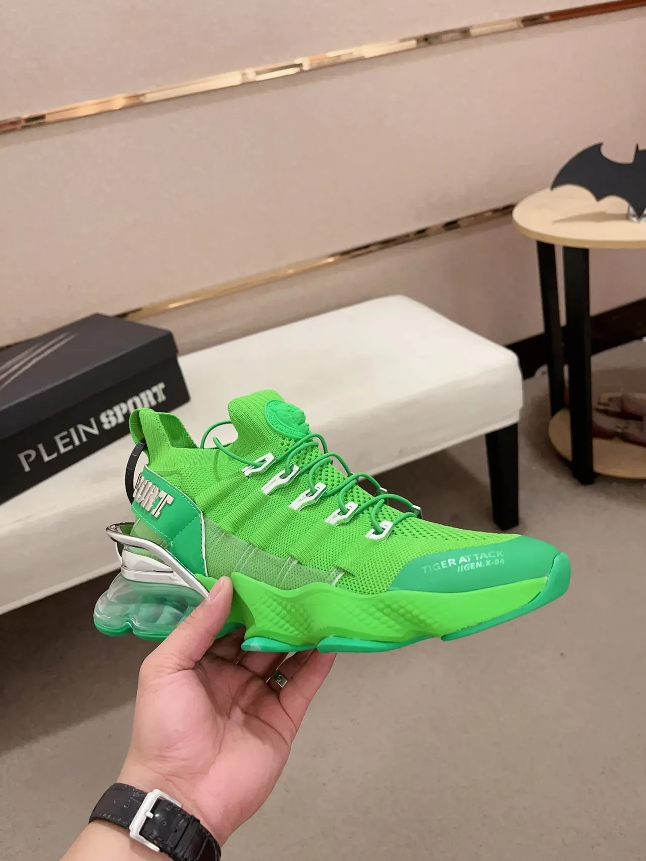 PLEIN SPORT Green Transparent Knit Sock-Fit Upper Sculpted Wavy Midsole Sneakers 5