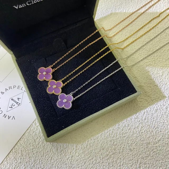 Purple Gold Four-Petal Flower Pendant Central Round Stone Accent Necklace 2