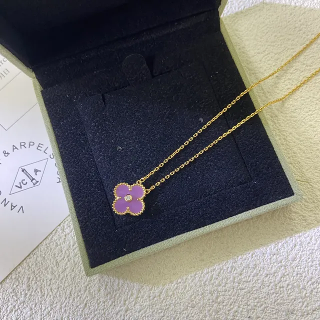 Purple Gold Four-Petal Flower Pendant Central Round Stone Accent Necklace 3