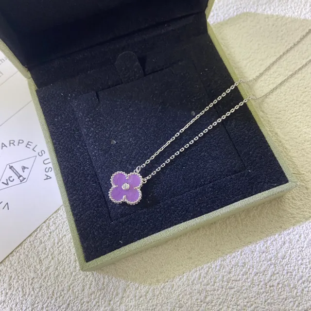 Purple Gold Four-Petal Flower Pendant Central Round Stone Accent Necklace 4