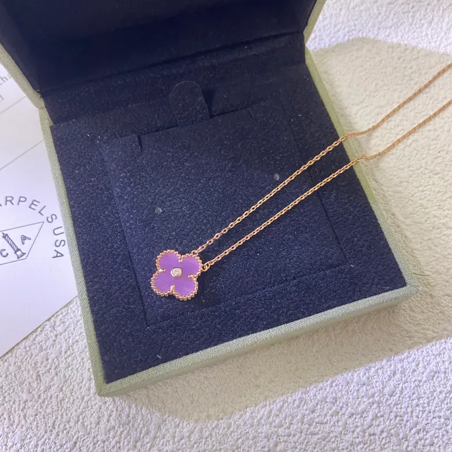 Purple Gold Four-Petal Flower Pendant Central Round Stone Accent Necklace 5