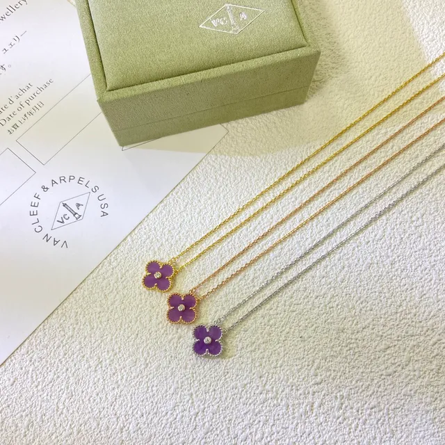 Purple Gold Four-Petal Flower Pendant Central Round Stone Accent Necklace 6