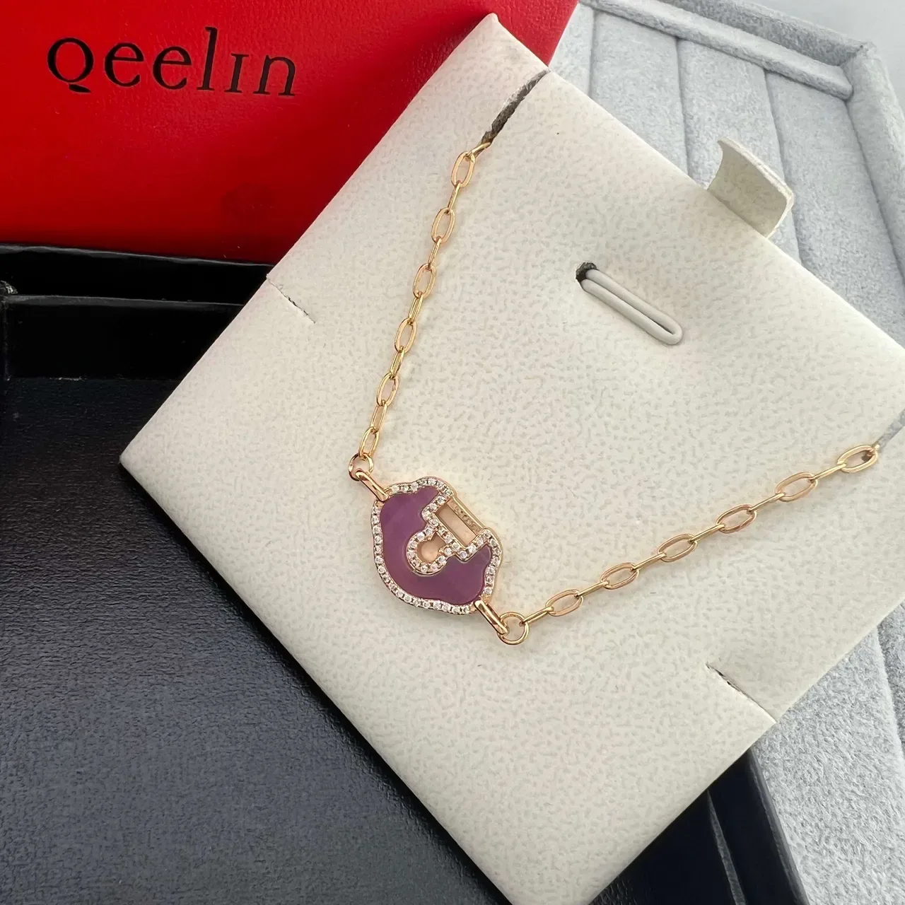 Qeelin Bo Bo Purple Enamel Pavé Lock Charm Bracelet 4