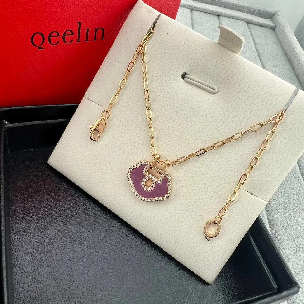 Qeelin Bo Bo Purple Enamel Pavé Lock Charm Bracelet 5