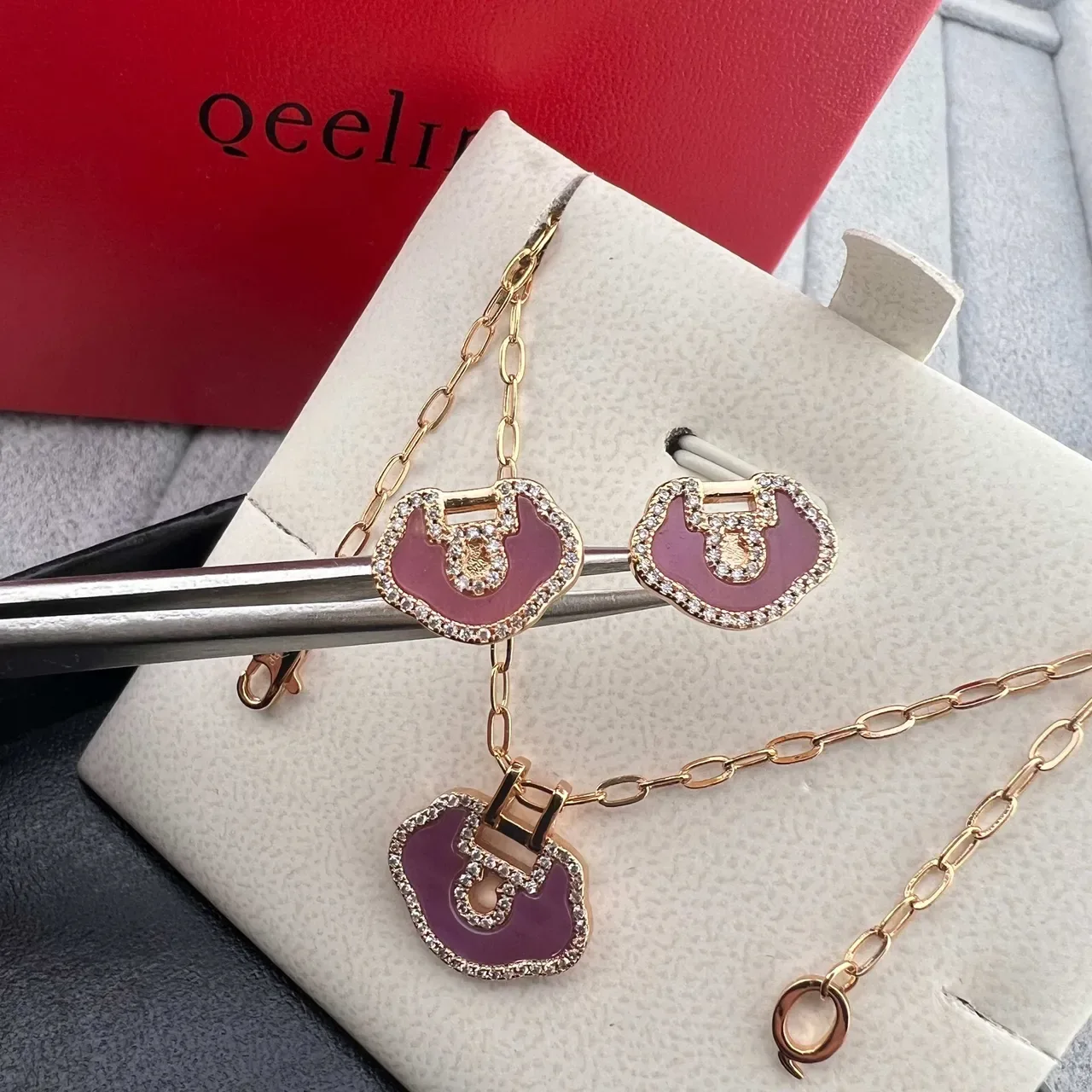 Qeelin Bo Bo Purple Enamel Pavé Lock Charm Bracelet 7