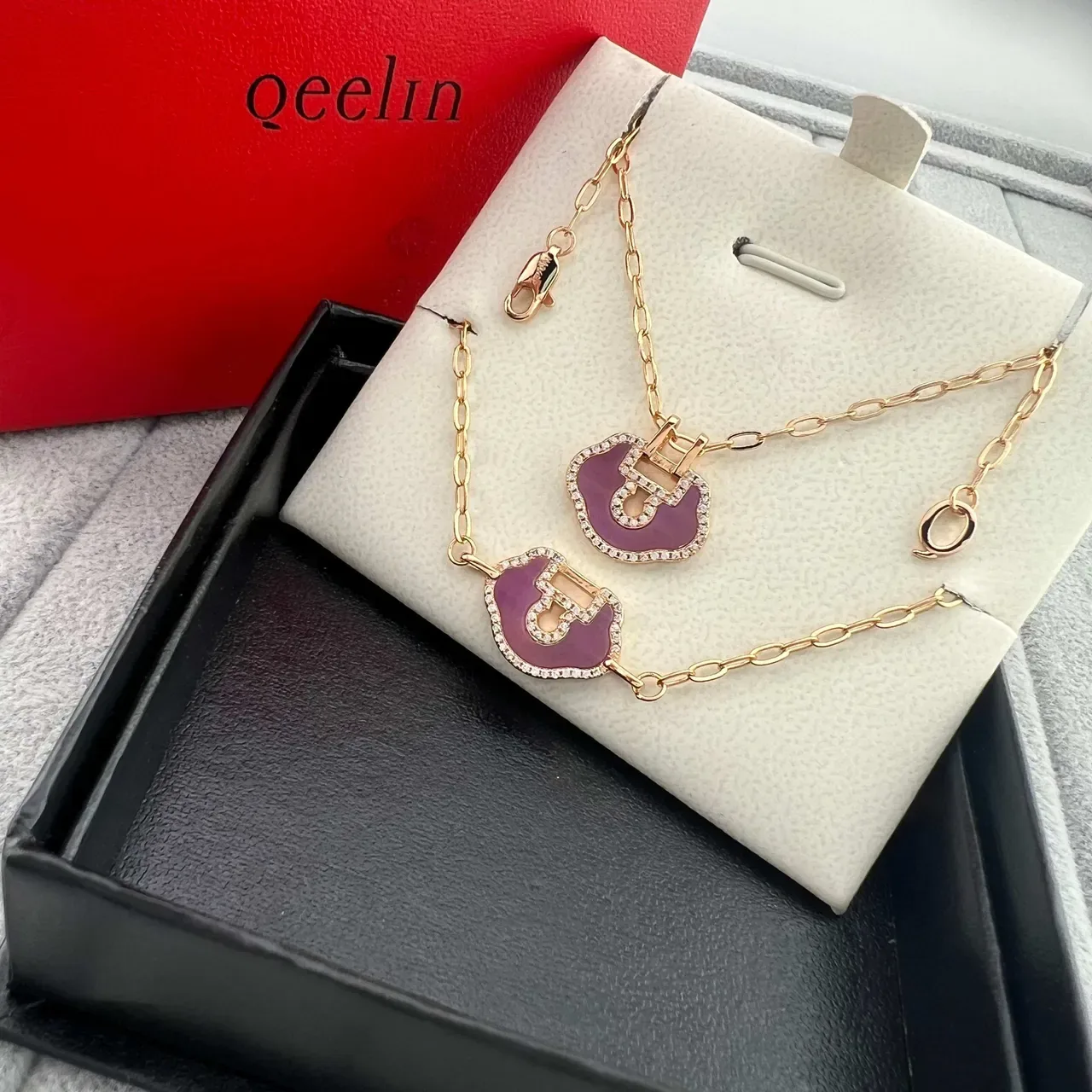 Qeelin Bo Bo Purple Enamel Pavé Lock Charm Bracelet 8