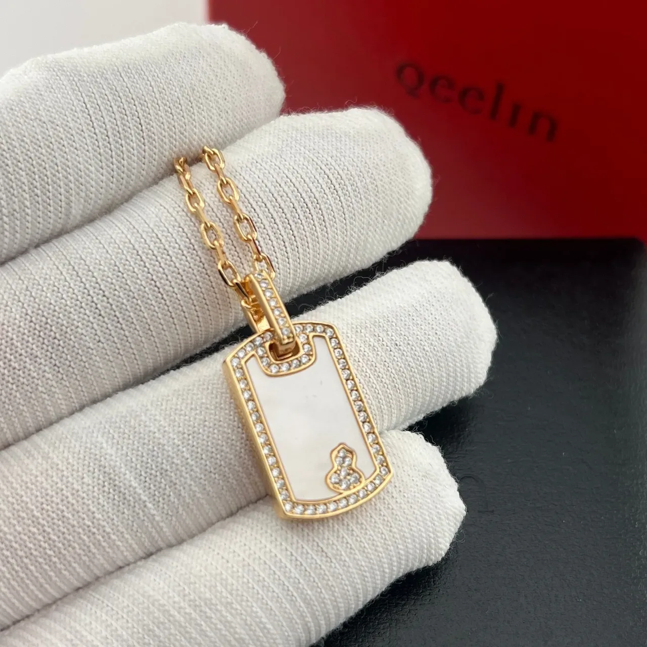 qeelin Wulu Red Green Dog-Tag Silhouette Pavé Diamond Border Necklace 5