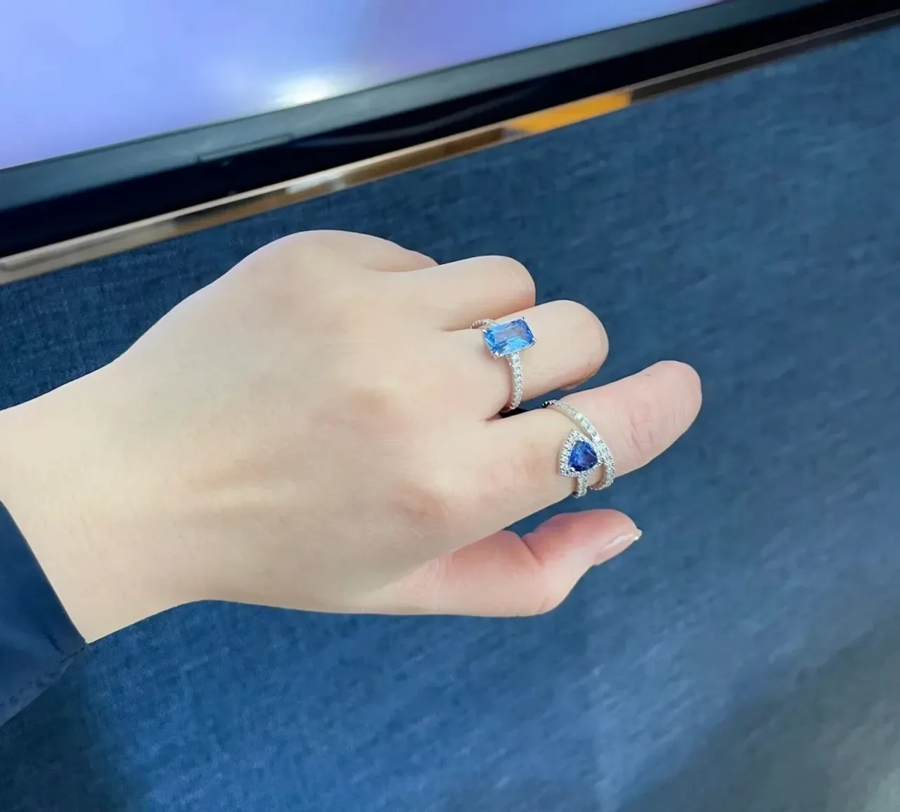 Rectangular Aqua Gemstone Pavé Ring 3