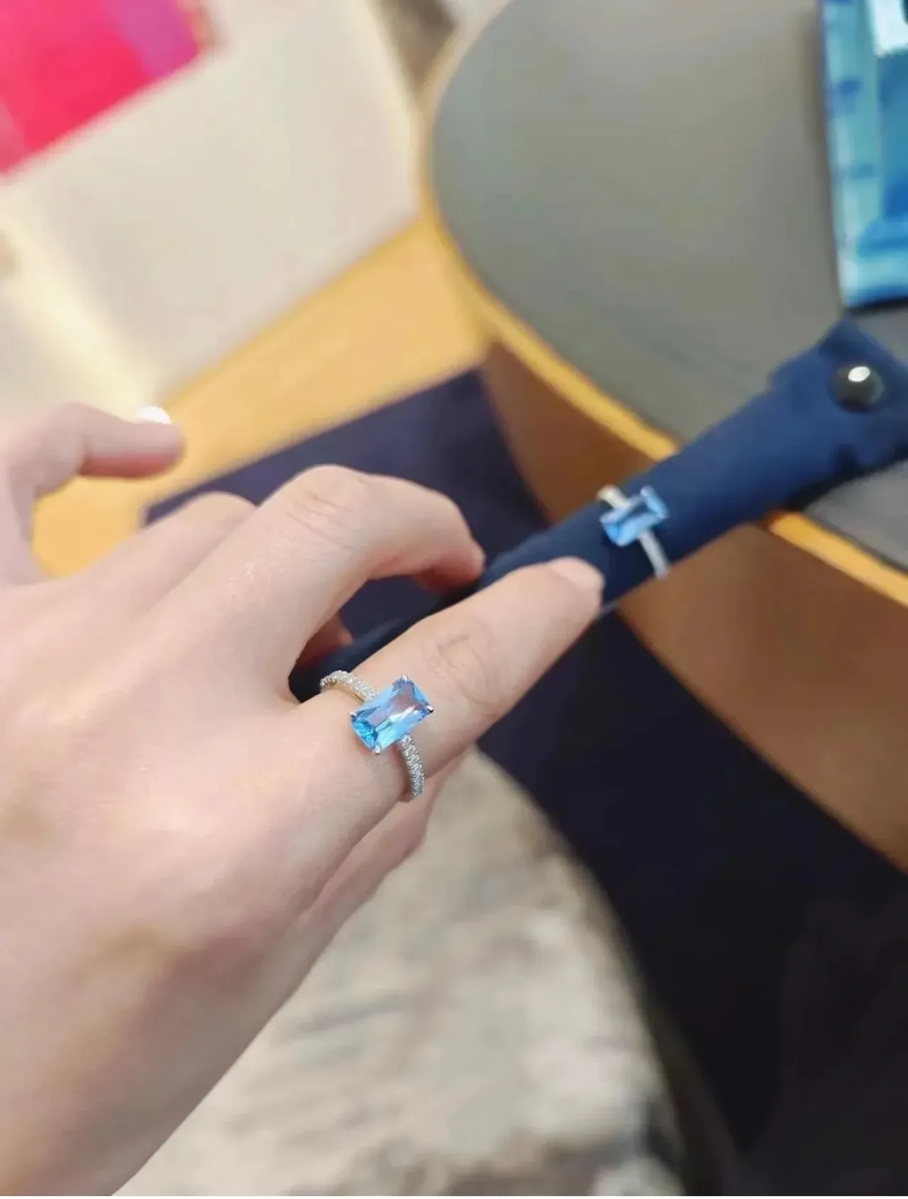 Rectangular Aqua Gemstone Pavé Ring 4