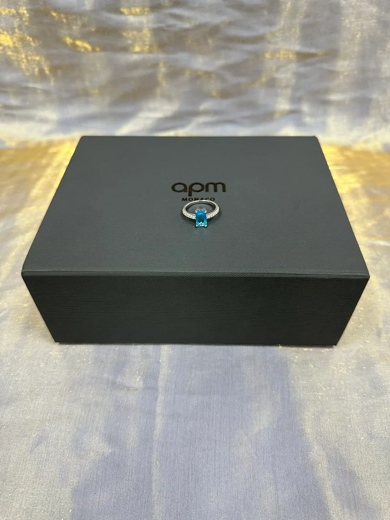 Rectangular Aqua Gemstone Pavé Ring 6