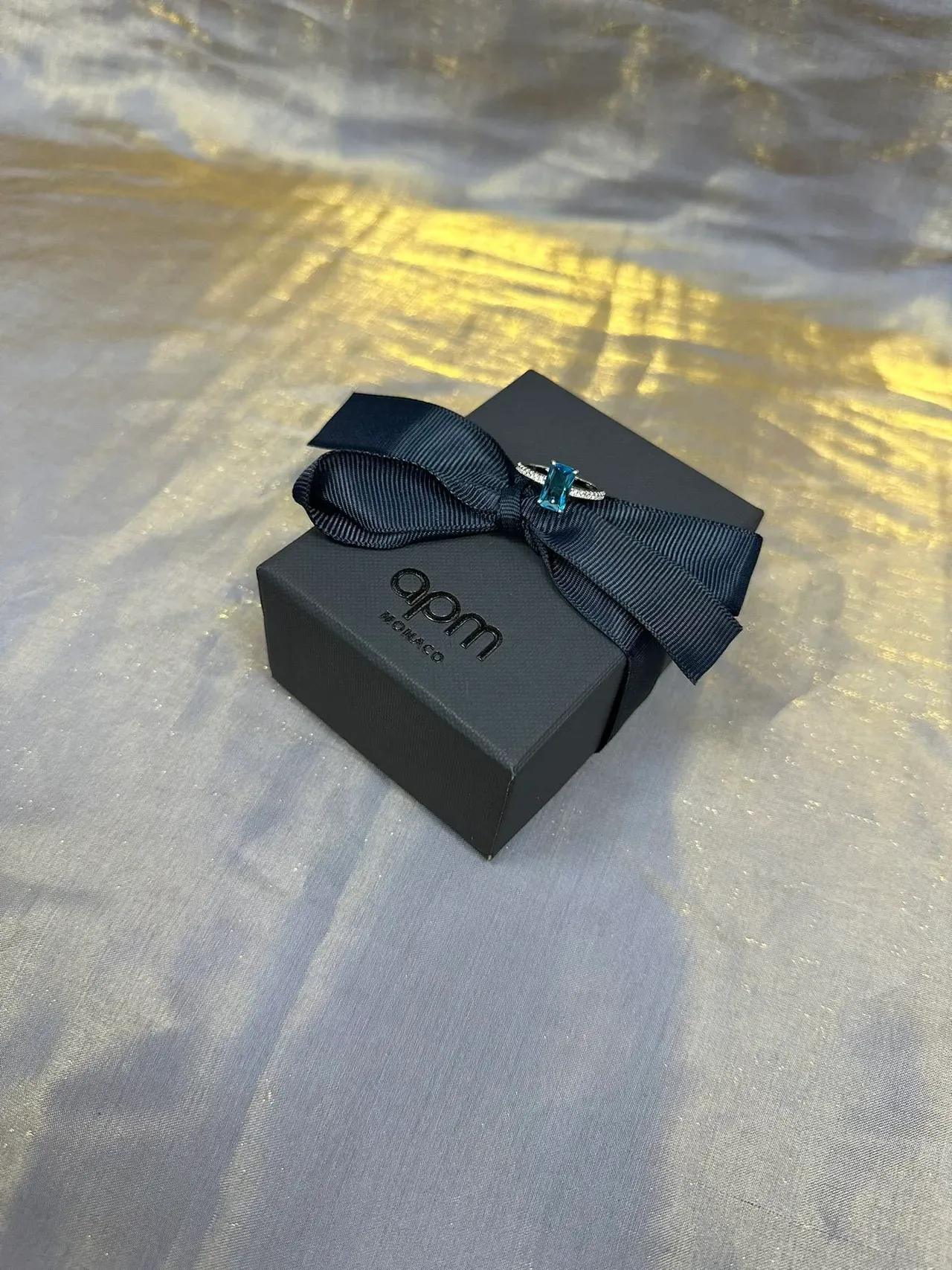 Rectangular Aqua Gemstone Pavé Ring 7