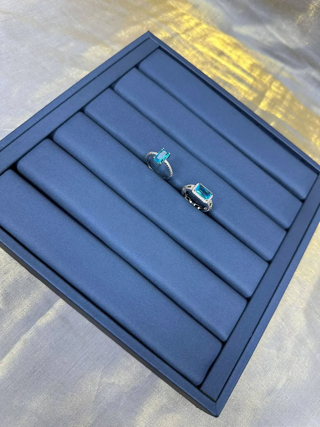 Rectangular Aqua Gemstone Pavé Ring 8