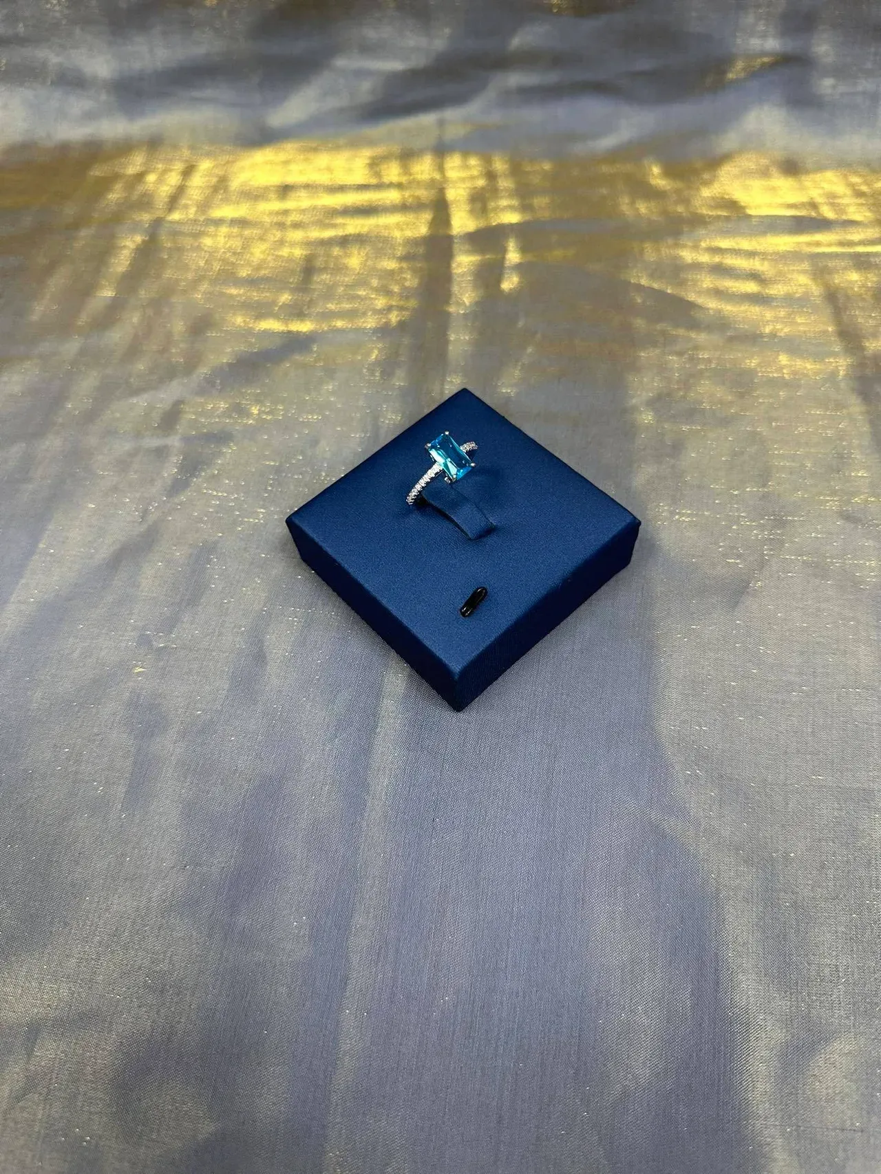Rectangular Aqua Gemstone Pavé Ring 9