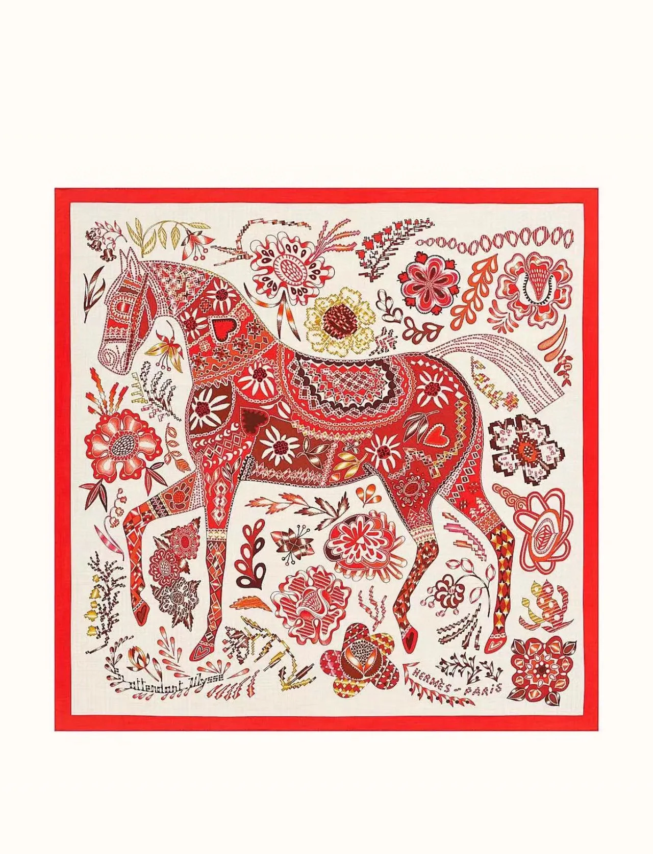 Red and Cream Floral Geometric Patterned Silk Scarf 2