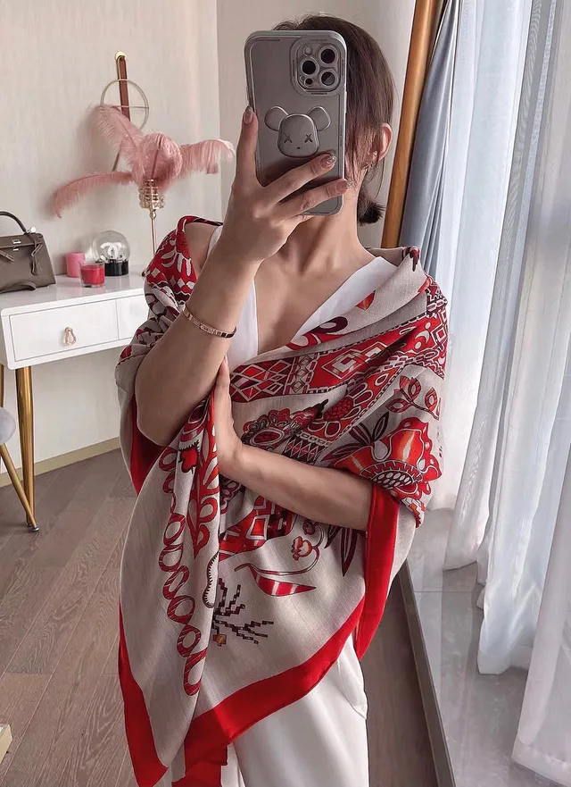 Red and Cream Floral Geometric Patterned Silk Scarf 3