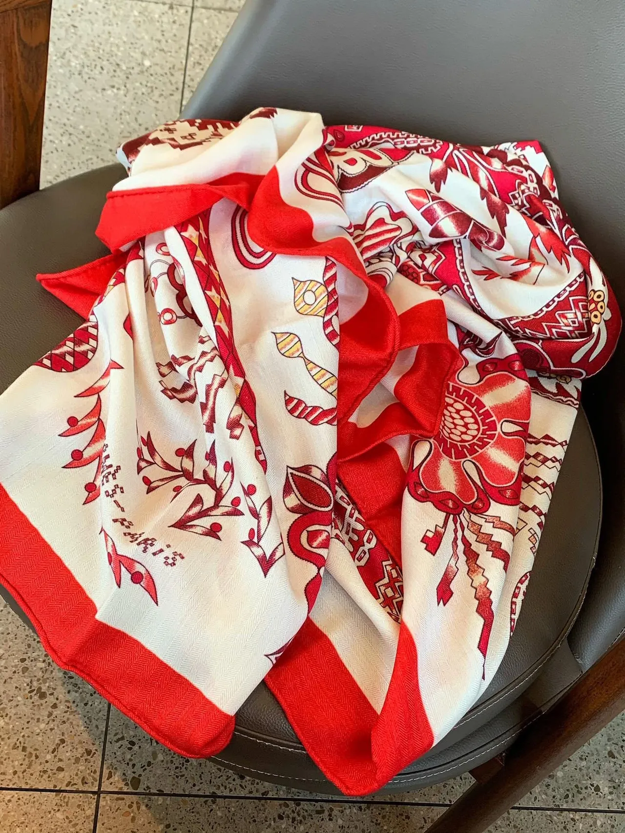 Red and Cream Floral Geometric Patterned Silk Scarf 7