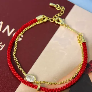 Pulsera de Cristal Lágrima con Cordón Trenzado Rojo y Cadena de Oro