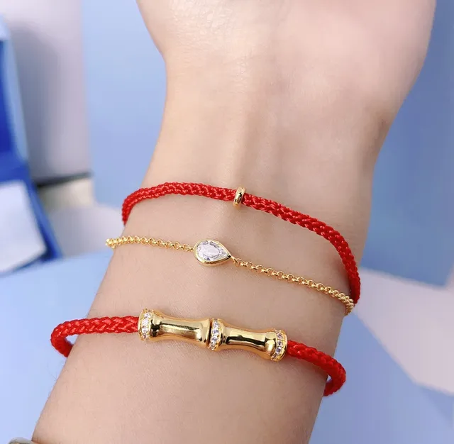 Red Braided Cord and Gold Chain Teardrop Crystal Bracelet 3