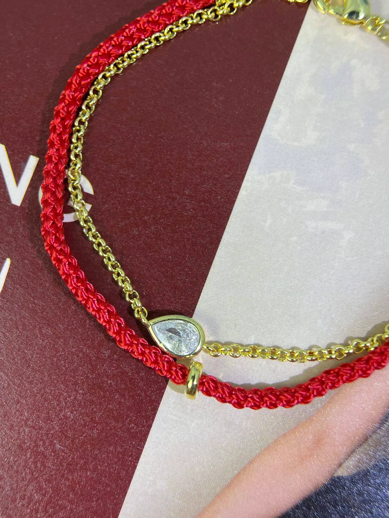 Red Braided Cord and Gold Chain Teardrop Crystal Bracelet 4