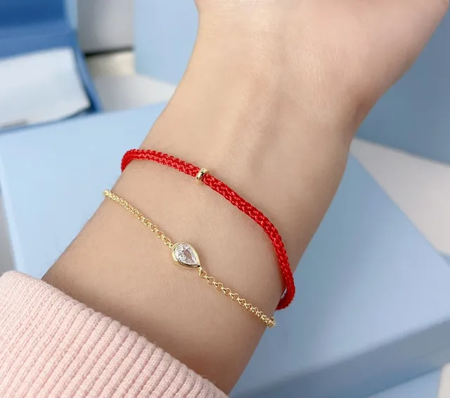 Red Braided Cord and Gold Chain Teardrop Crystal Bracelet 7