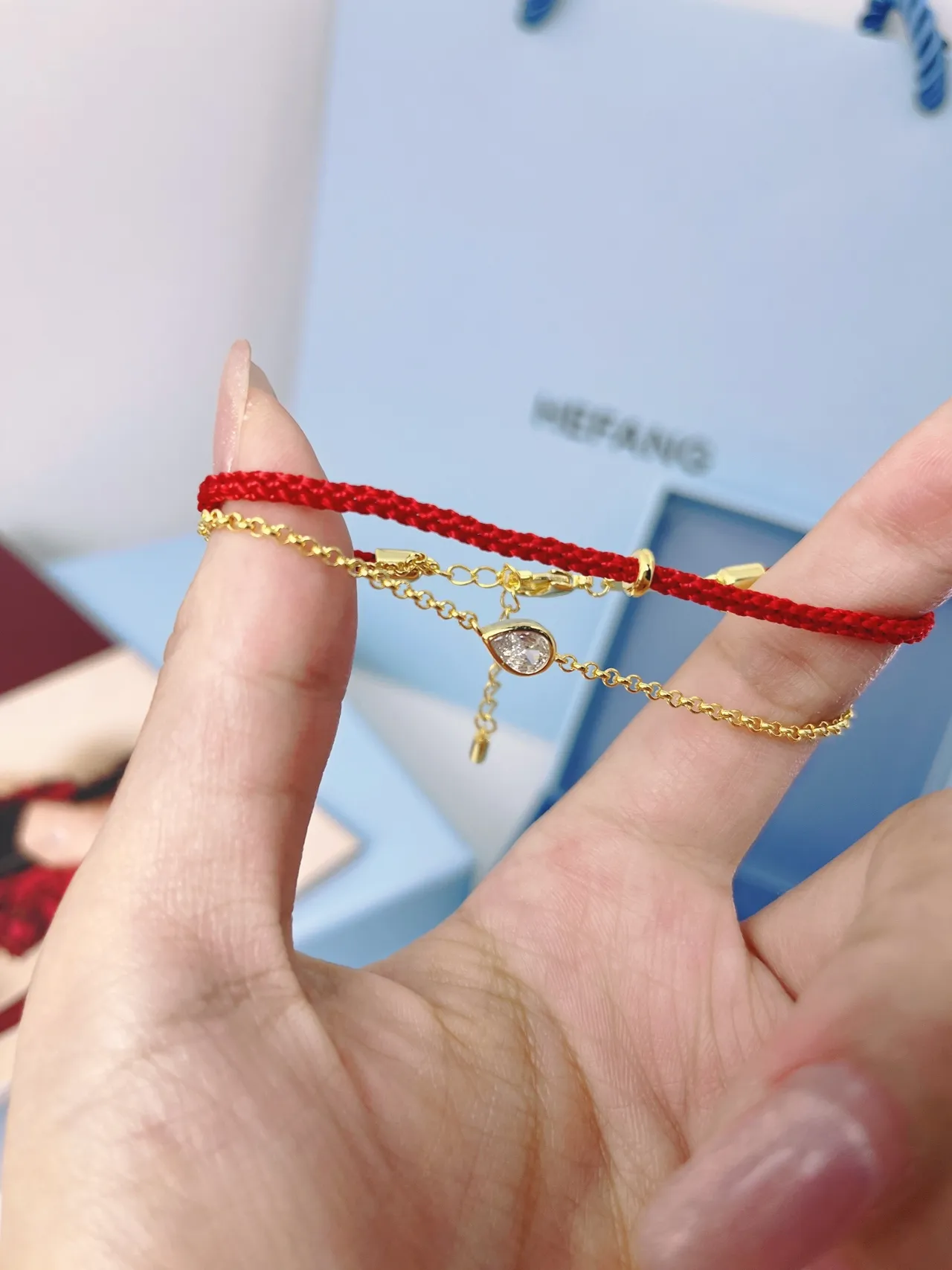 Red Braided Cord and Gold Chain Teardrop Crystal Bracelet 9