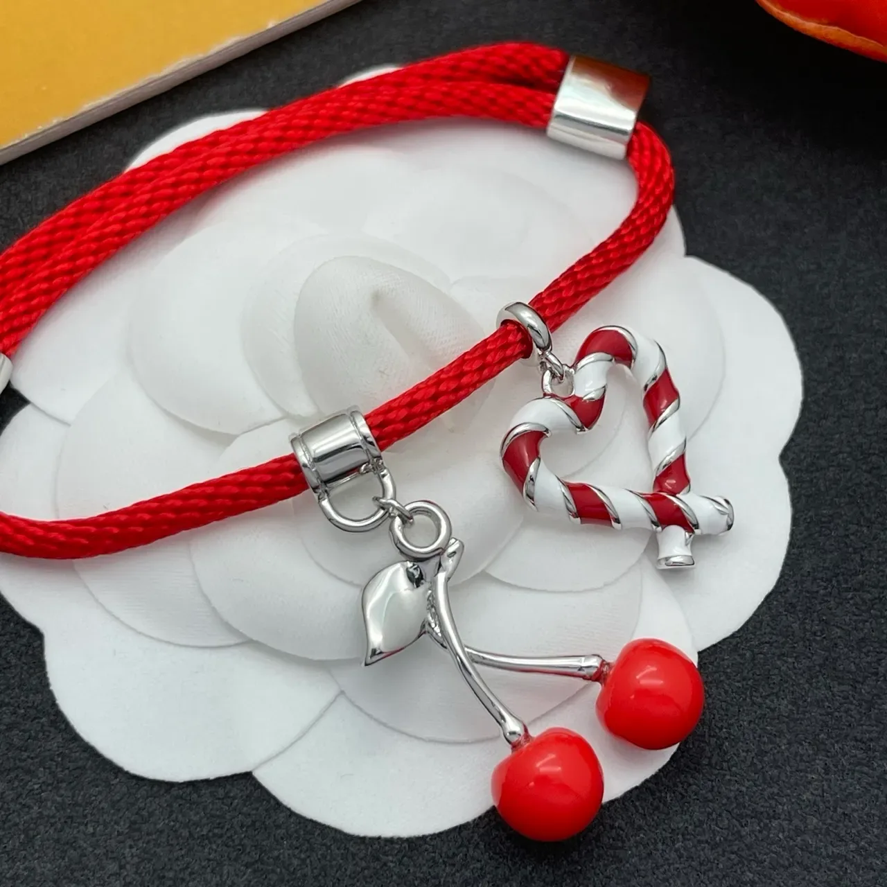 Red Braided Cord Enamel Heart and Cherry Charm Bracelet 3