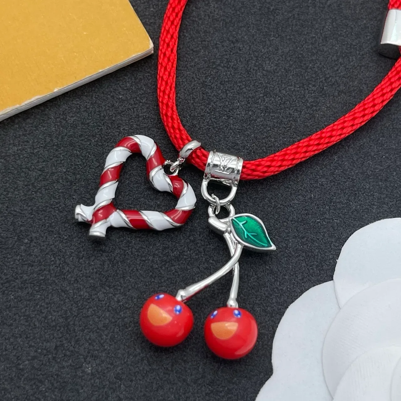 Red Braided Cord Enamel Heart and Cherry Charm Bracelet 6