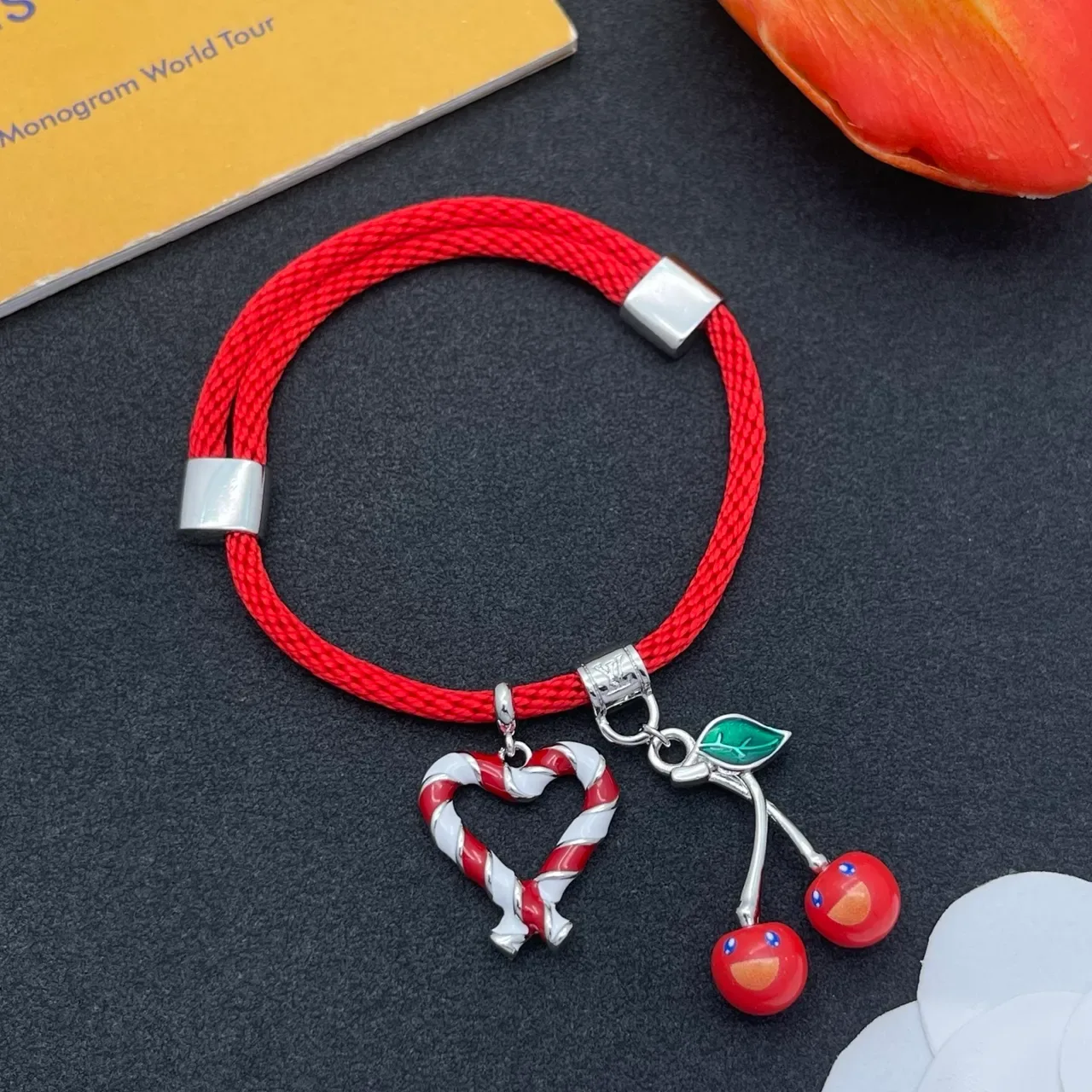 Red Braided Cord Enamel Heart and Cherry Charm Bracelet 8