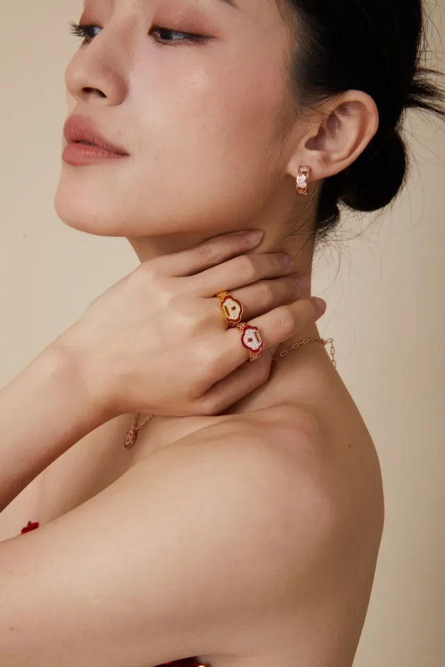 Red Enamel and Pavé Stone Cloud Motif Rings 2