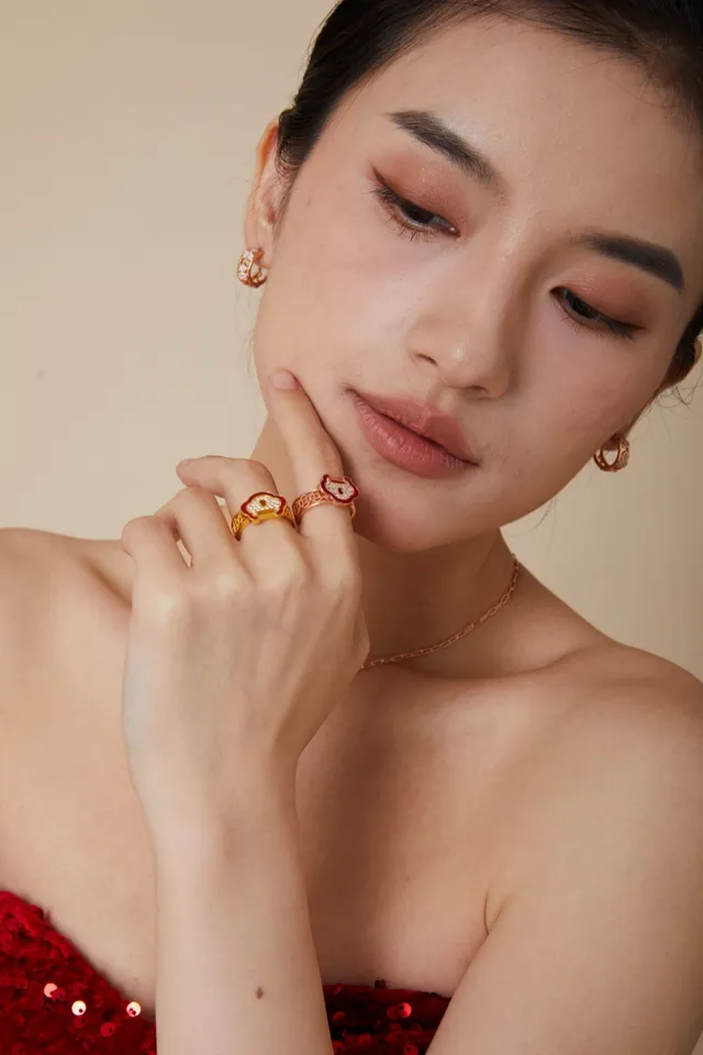 Red Enamel and Pavé Stone Cloud Motif Rings 5