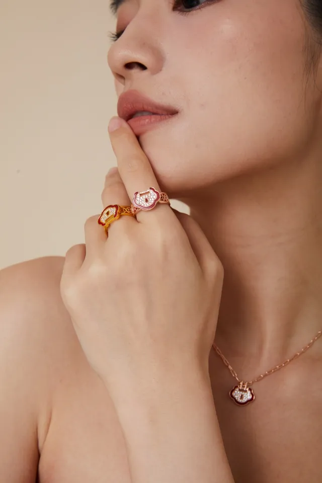 Red Enamel and Pavé Stone Cloud Motif Rings 6