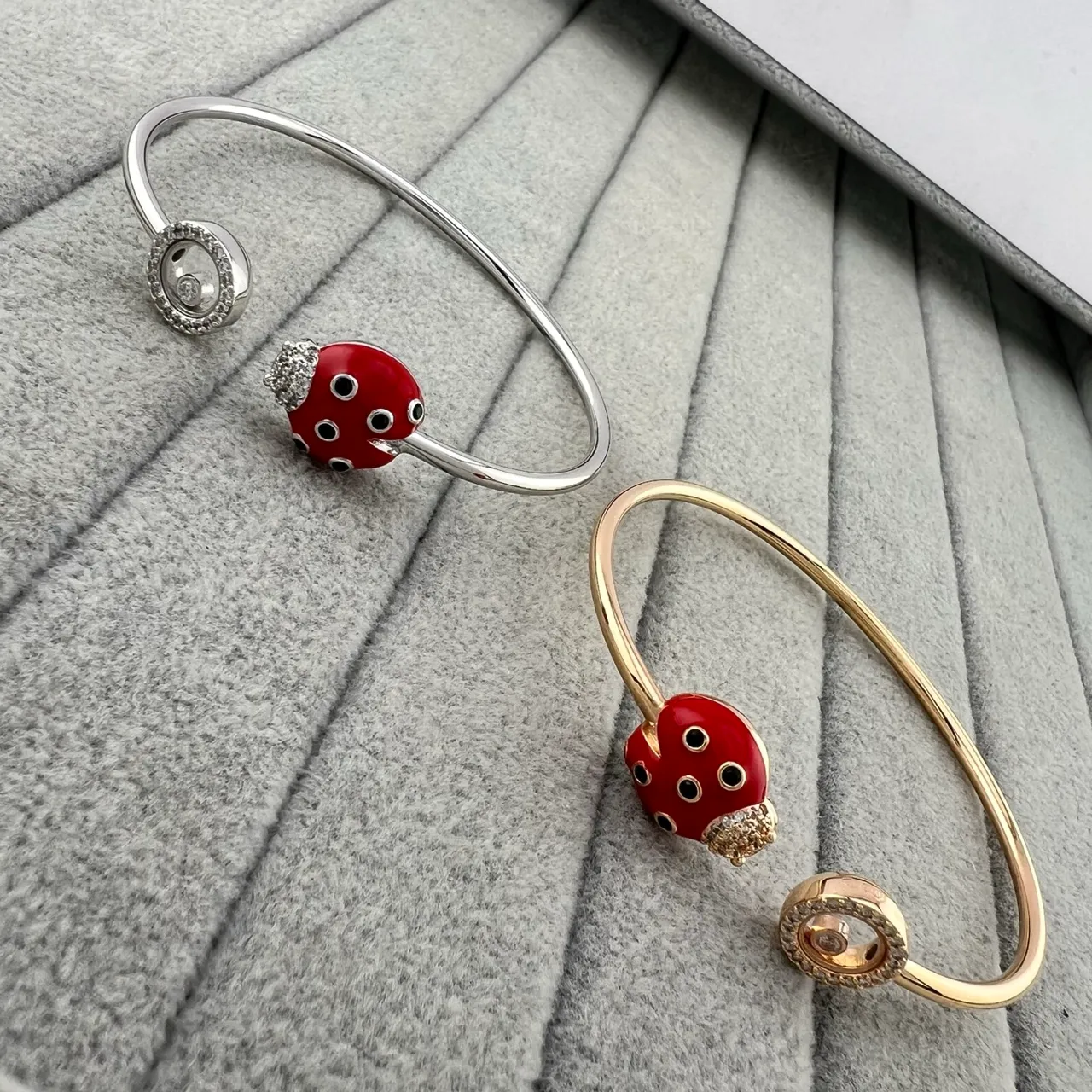 Red Enamel Ladybug Charm Open Bangle Bracelets 2