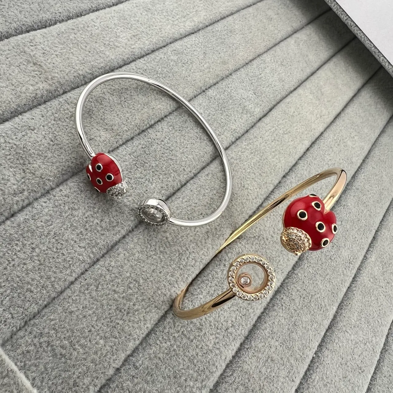 Red Enamel Ladybug Charm Open Bangle Bracelets 3