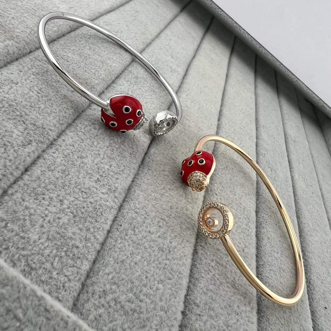 Red Enamel Ladybug Charm Open Bangle Bracelets 4