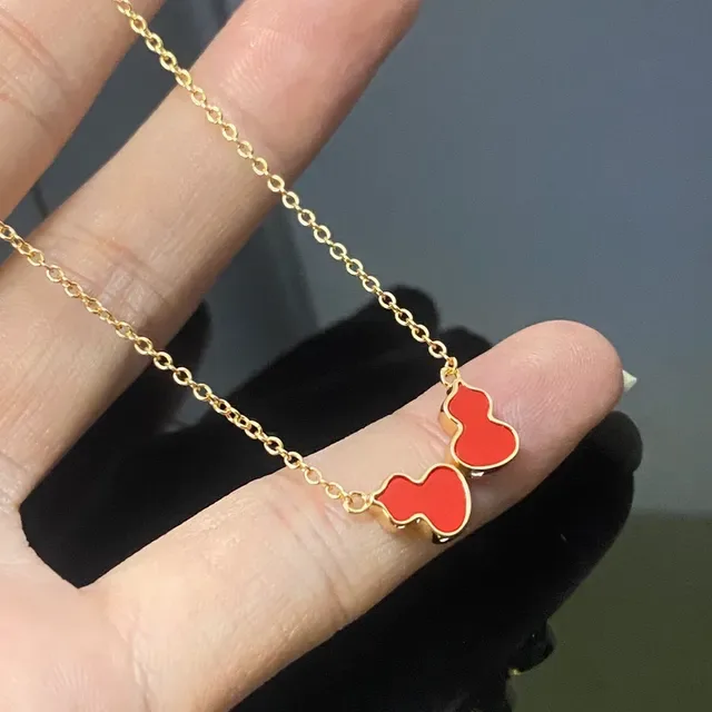 Red Gold Chain Dual Enamel Gourd Pendants Necklace 2