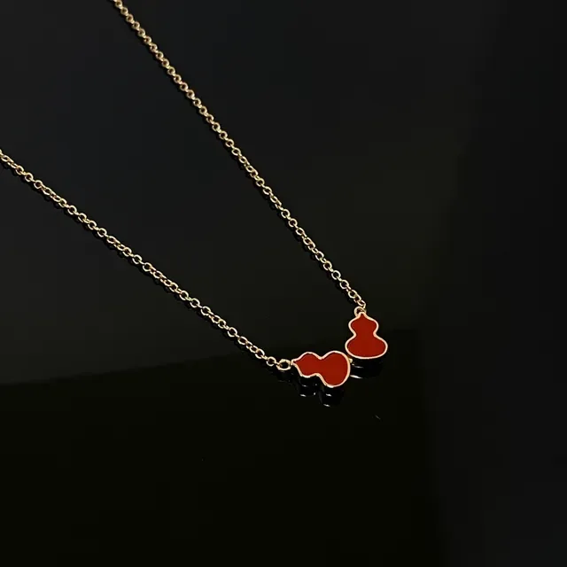 Red Gold Chain Dual Enamel Gourd Pendants Necklace 3