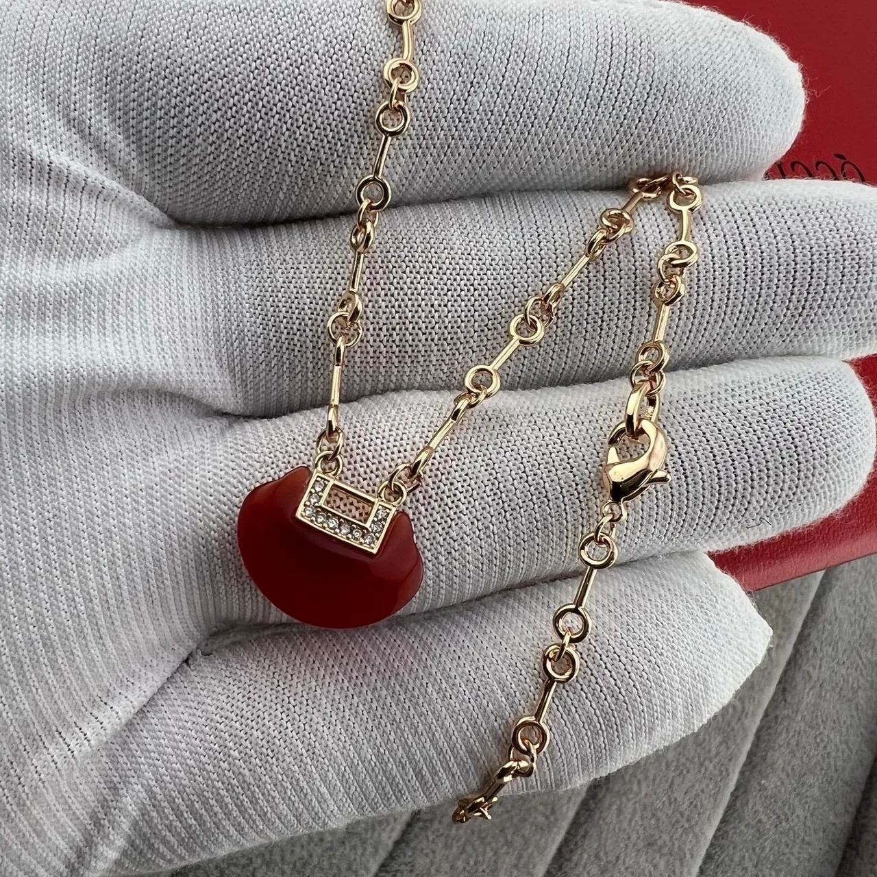 Red Gold Chain Rectangular Pavé Bezel Necklace 3