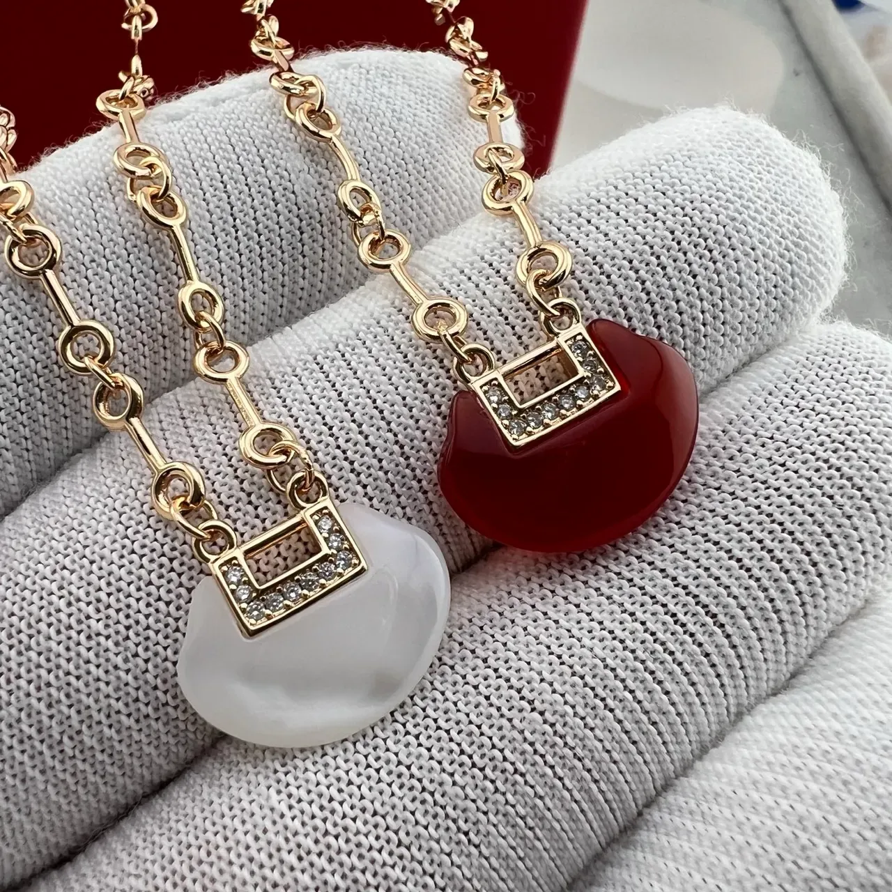 Red Gold Chain Rectangular Pavé Bezel Necklace 6