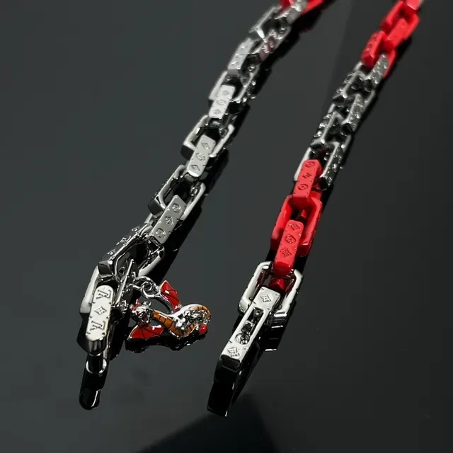 Red Silver Chain-Link Construction Two-Tone Metal And Polymer Bracelet 2