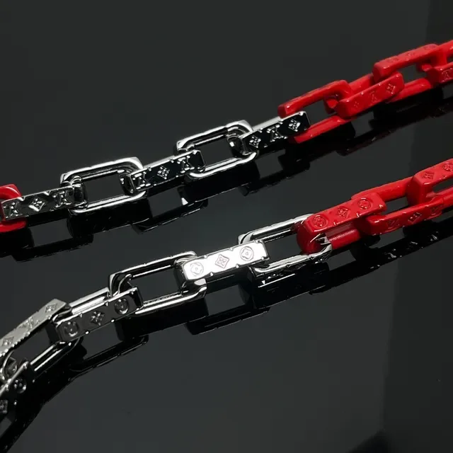 Red Silver Chain-Link Construction Two-Tone Metal And Polymer Bracelet 3